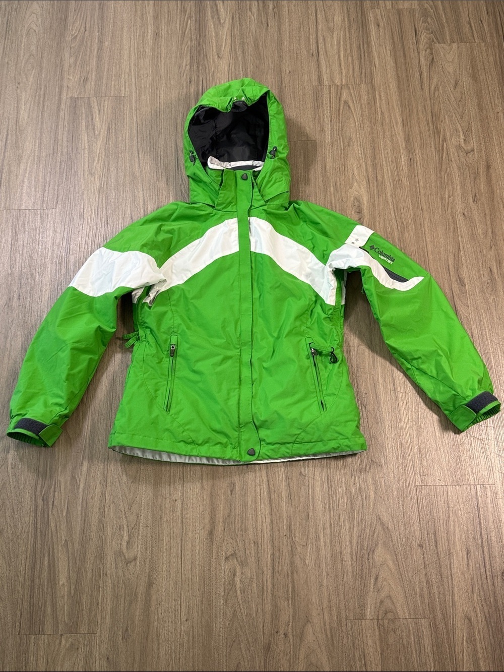 Columbia Bright Green and White Hooded Ski Jacket
